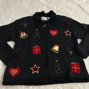 Vtg Croft Barrow Hand Knitted Sz M Christmas Holiday Embroidered Sweater Cotton